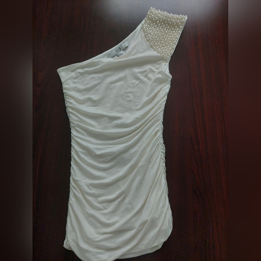 Forever 21 White One-Shoulder Top with Pearl Detail